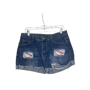 Boutique Denim Distressed Women baseball print Shorts 14
